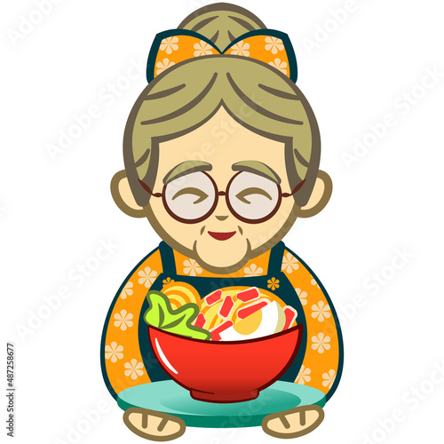 vector illustration of grandma serving a bowl of noodles