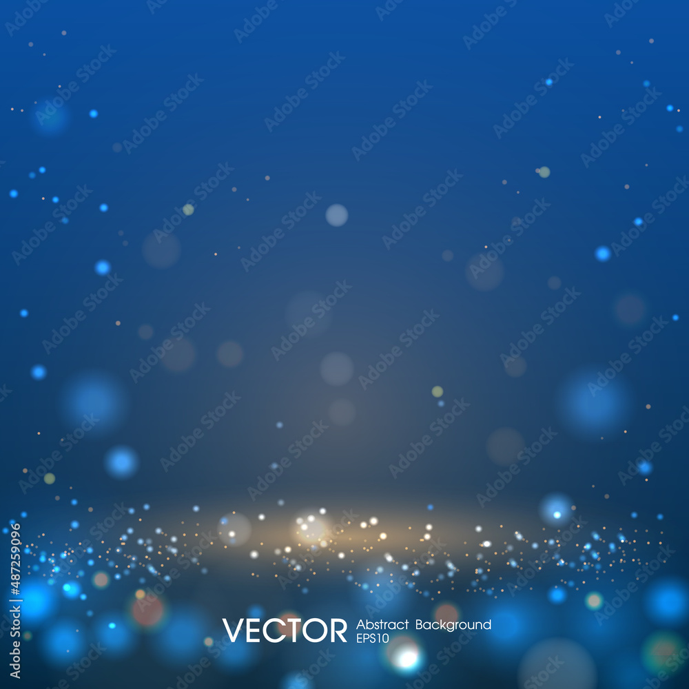 Abstract blur blue circular magic night holidays bokeh light effect with copy space background vector illustration. Abstract template for card or banner