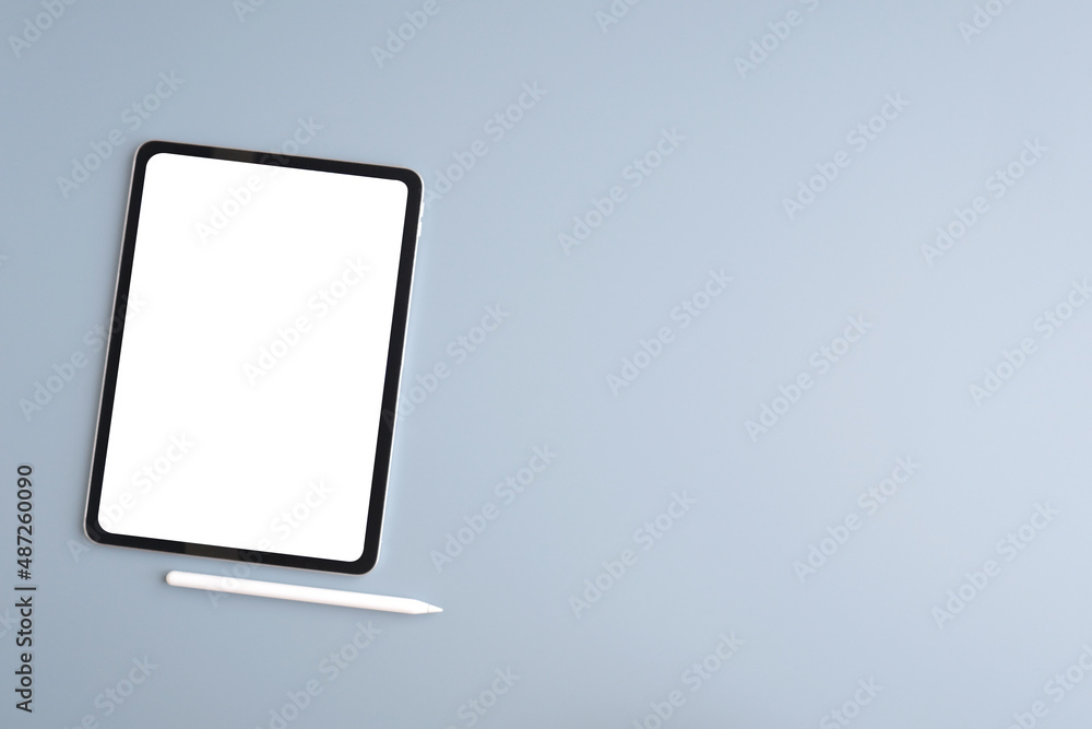 Digital tablet with blank on screen isolated on gray background, banner for template, mock up, topview, flat lay, communication technology Digital tablet with blank on screen isolated on gray background, banner for template, mock up, topview, flat lay, communication technology