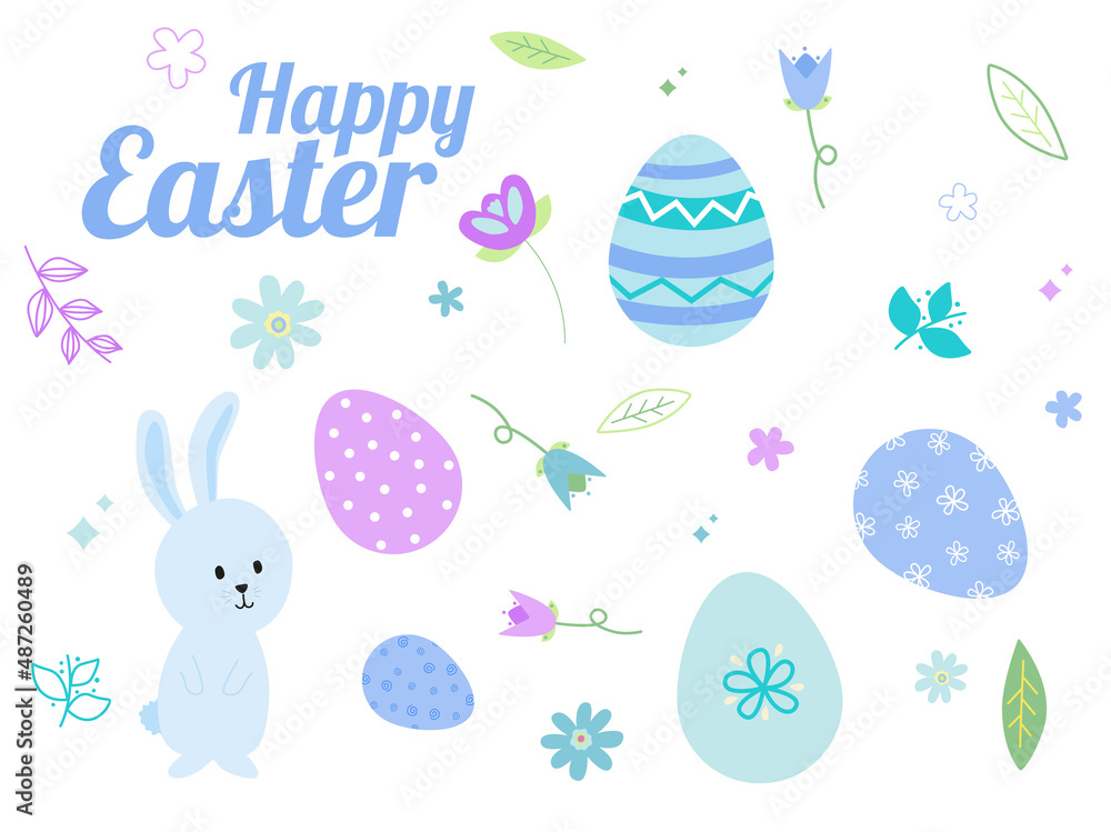 Easter themed set of hand drawn elements. Happy Easter messaging, Easter bunny, Easter eggs, spring flowers and leaves in blue and purple colours Easter themed set of hand drawn elements. Happy Easter messaging, Easter bunny, Easter eggs, spring flowers and leaves in blue and purple colours