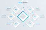 Blue timeline infographic design vector. 6 steps, square workflow layout. Vector infographic timeline template.