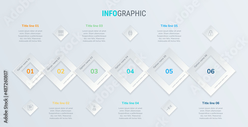 Vector infographics timeline design template with square elements. Content, schedule, timeline, diagram, workflow, business, infographic, flowchart. 6 steps infographic.