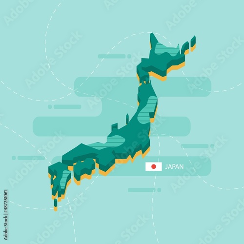 3d vector map of Japan with name and flag of country on light green background and dash.