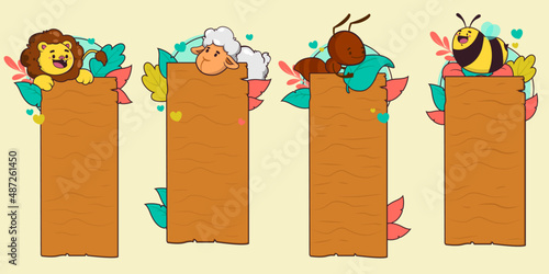 Ilustración de animales, diseños ilustrativos con carteles de abejas, leones, ovejas y animales vectores de órbita para mensajes