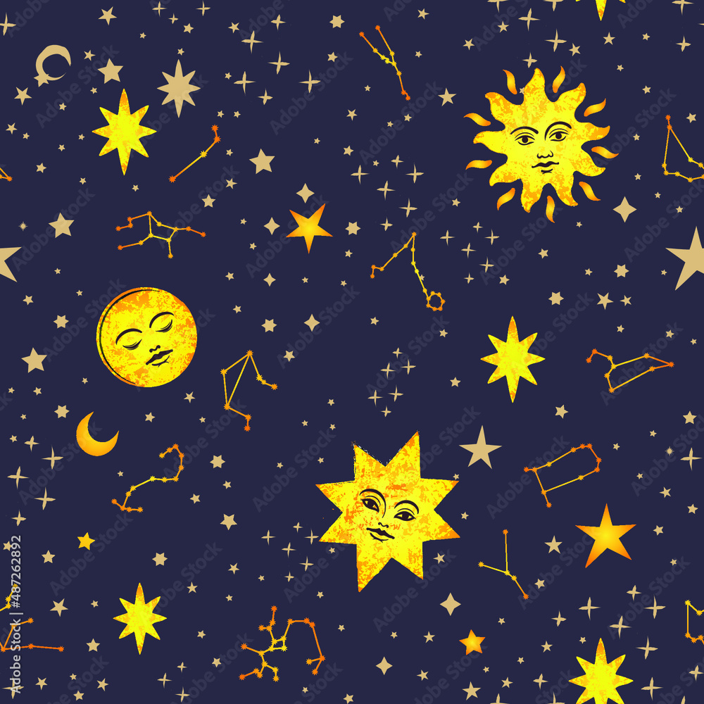 Galaxy constellation seamless pattern print inspired by tarot