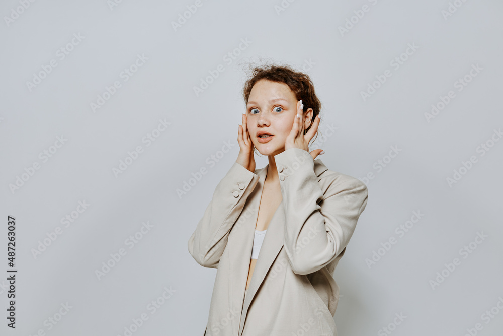 pretty woman Clothes fitting elegant style suit fashion studio light background unaltered pretty woman Clothes fitting elegant style suit fashion studio light background unaltered