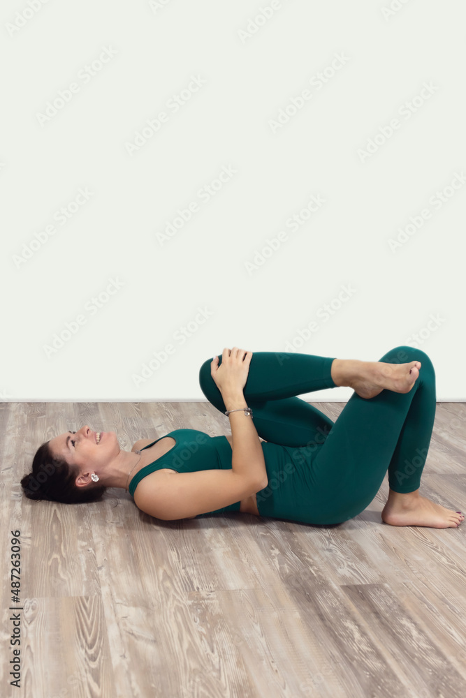 Fitness, pilates, sports, gymnastics, exercise, healthy lifestyle concept. An attractive woman does exercises in the gym. Front view. Fitness, pilates, sports, gymnastics, exercise, healthy lifestyle concept. An attractive woman does exercises in the gym. Front view.