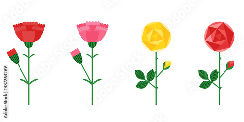 シンプルな薔薇とカーネーションのイラストセット