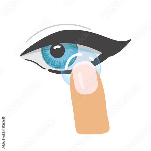 Contact lenses for eyes. Put the lens on the eye with your finger. Vector illustration.