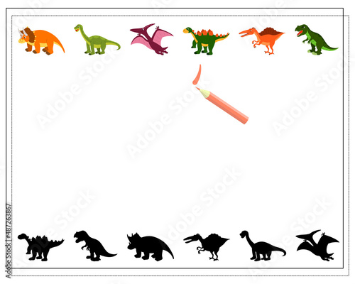 Children's logic game find the right shadow, cute cartoon dinosaur. Vector