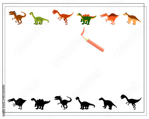 Children's logic game find the right shadow, cute cartoon dinosaur. Vector