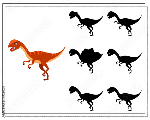 Children's logic game find the right shadow, cute cartoon dinosaur. Vector