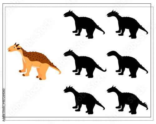 Children's logic game find the right shadow, cute cartoon dinosaur. Vector