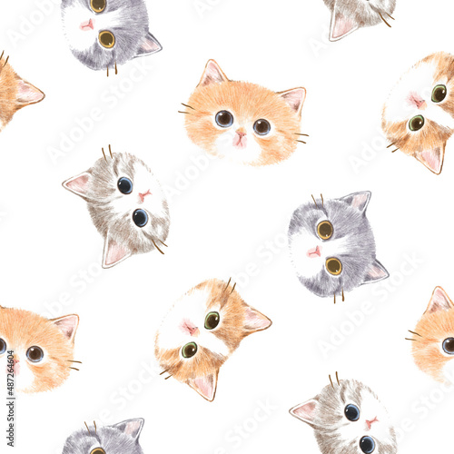 Seamless Pattern with Hand Drawn Pencil Cat Face Design on White Background