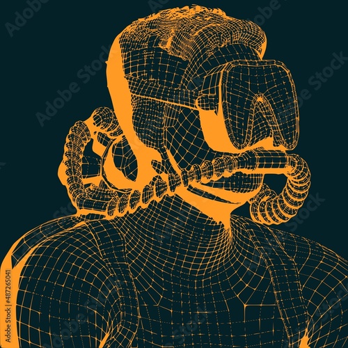 Monochrome silhouette of diver. Mesh grid texture