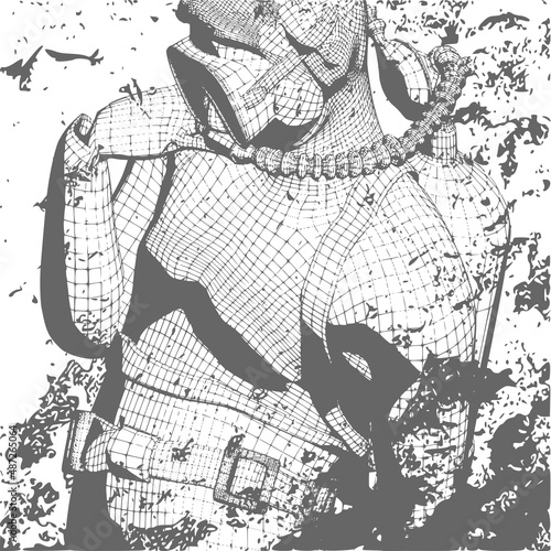 Monochrome silhouette of diver. Mesh grid texture