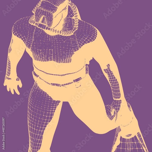 Monochrome silhouette of diver. Mesh grid texture