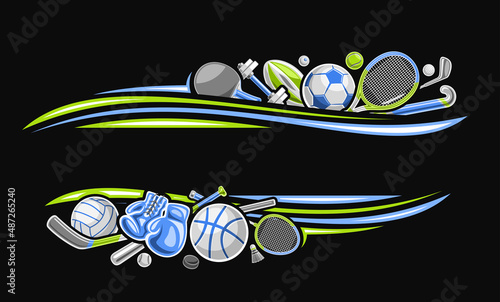Vector Border for Sports Equipment with empty copy space for text, decorative promo coupon with illustration of various summer sport gear, blue leather boxing gloves and golf club on black background