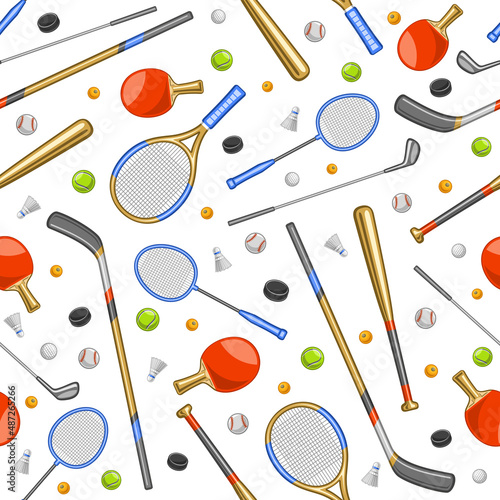 Vector Sports Seamless Pattern, square repeating background with cut out illustrations of different summer sport gear, tennis rackets, sport balls and sticks on white background for wrapping paper