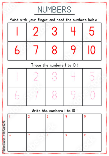 Children Learning Worksheet - Reading, Tracing, and Writing Numbers