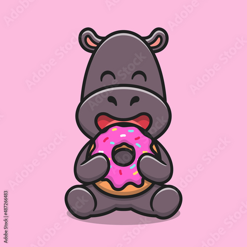 Cute hippo eating doughnut cartoon vector icon illustration