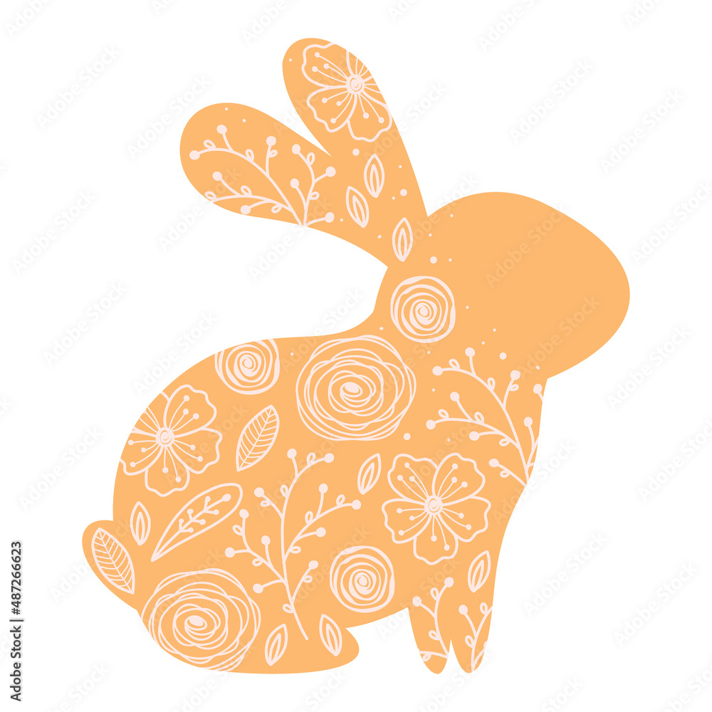 Silhouettes Easter rabbit with flowers. Illustration cute orange hair in flat style. Vector