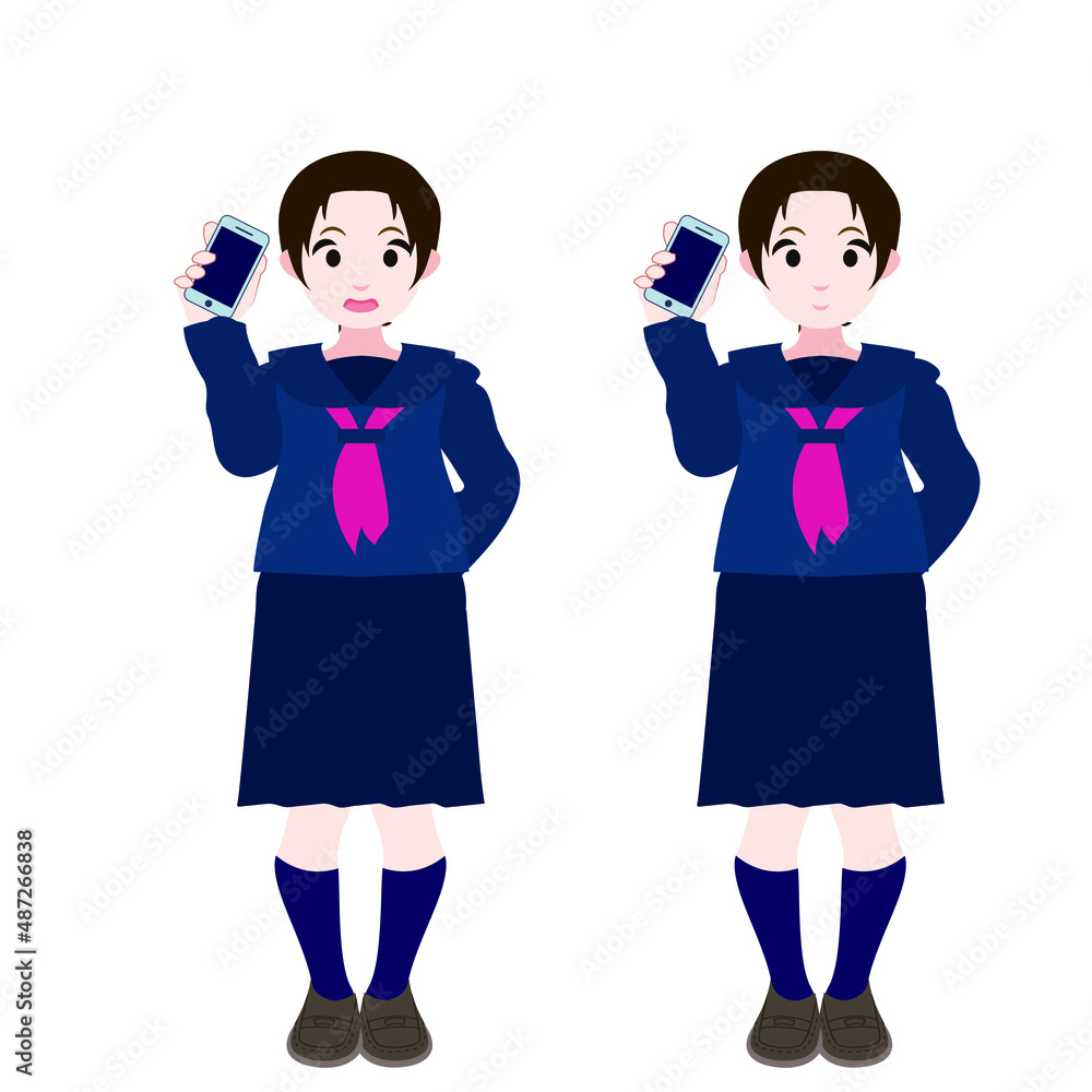 スマホを持つセーラー服の女学生