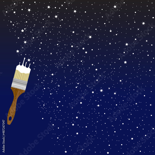 Paintbrush paints stars at night sky