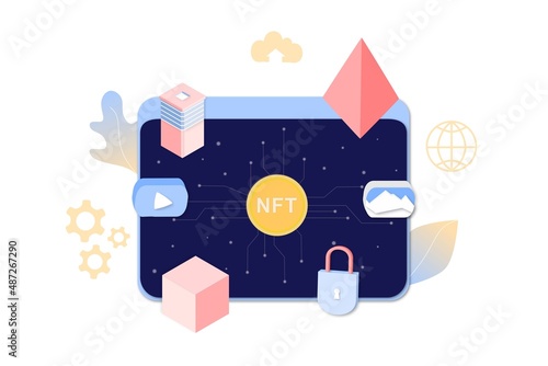 NFT non fungible token infographic with lines and dots network. Pay for unique collectible in video, game, art. Isometric vector illustration of NFT with blockchain technology for web, banner template