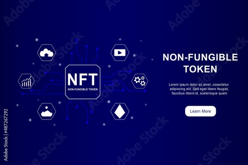 NFT non fungible token infographic with lines and dots network. Pay for unique collectible in video, game, art. Isometric vector illustration of NFT with blockchain technology for web, banner template