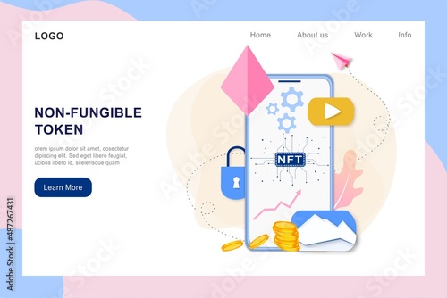 NFT non fungible token infographic with lines and dots network. Pay for unique collectible in video, game, art. Isometric vector illustration of NFT with blockchain technology for web, banner template