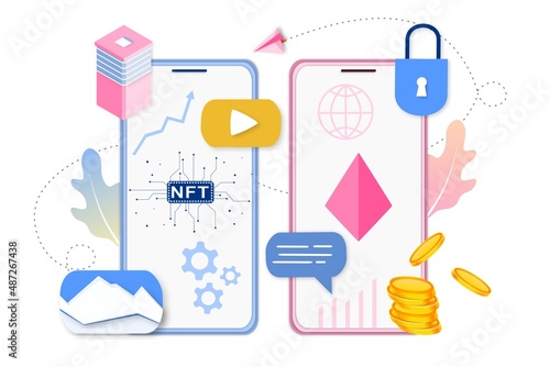 NFT non fungible token infographic with lines and dots network. Pay for unique collectible in video, game, art. Isometric vector illustration of NFT with blockchain technology for web, banner template photo