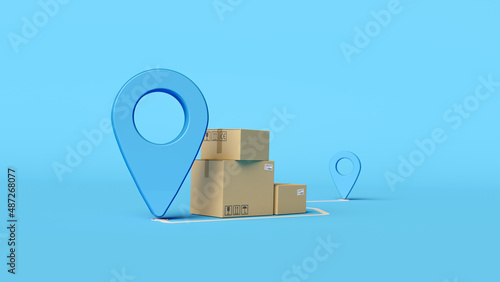 Cargo delivery, logistics and distribution concept. ?ardboard boxes with location pointer showing the destination. Online order tracking concept. Minimal composition. 3d illustration. 3d render.