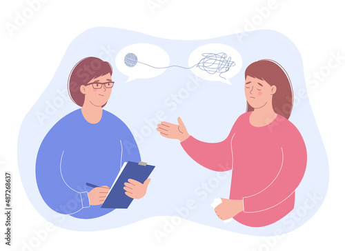Psychotherapist and female patient. Session of psychotherapy. Psychological help and counseling, treatment of stress, addictions and mental problems.