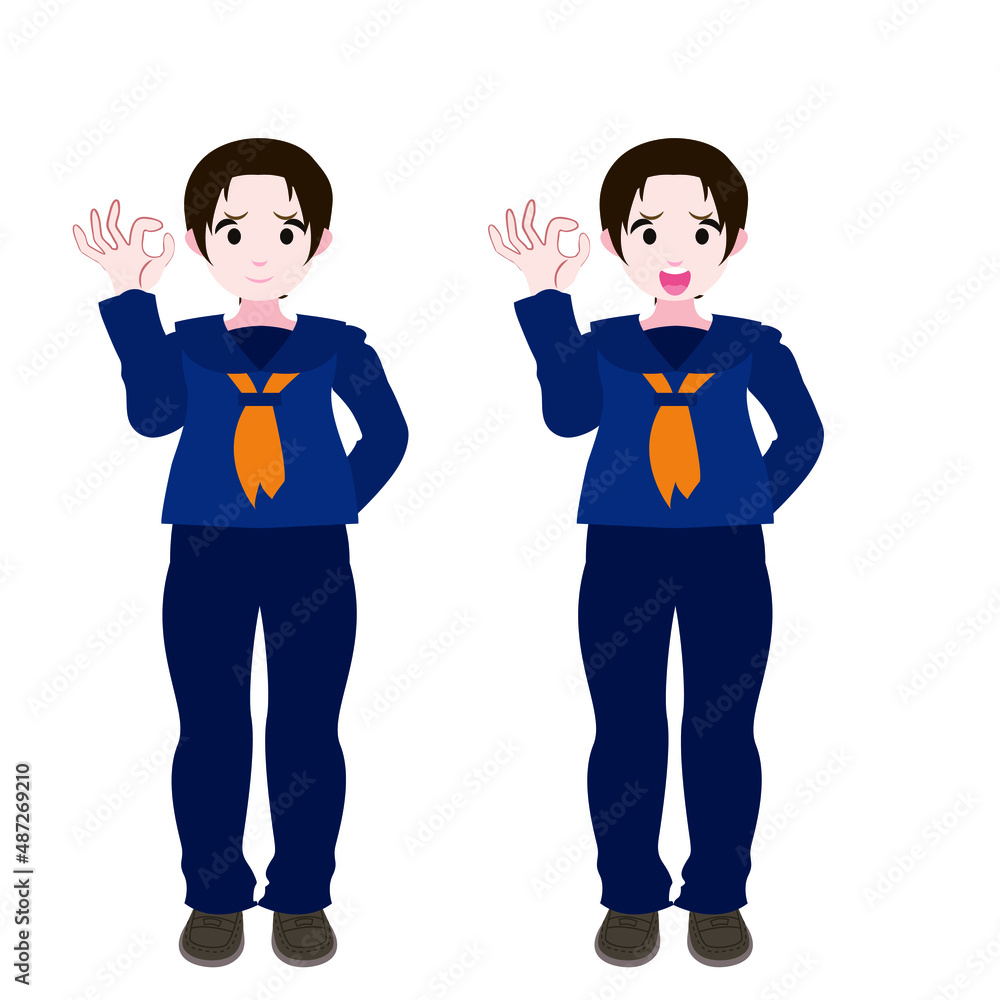 OKサインをするセーラー服の女学生