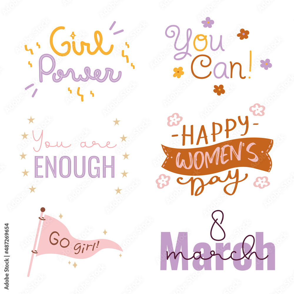 March 8, International Women s Day. Greeting phrase. Lettering text isolated for greeting card. March 8, International Women s Day. Greeting phrase. Lettering text isolated for greeting card.