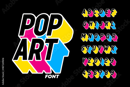 Pop art style font design, alphabet letters and numbers vector illustration