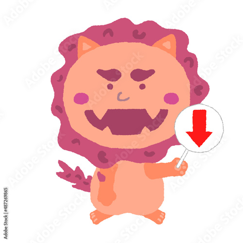下の矢印札を持つ沖縄のシーサー　イラスト素材