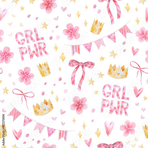 Cute seamless pattern with pink party elements. Bright hand-drawn texture for decoration, invitations, greeting cards