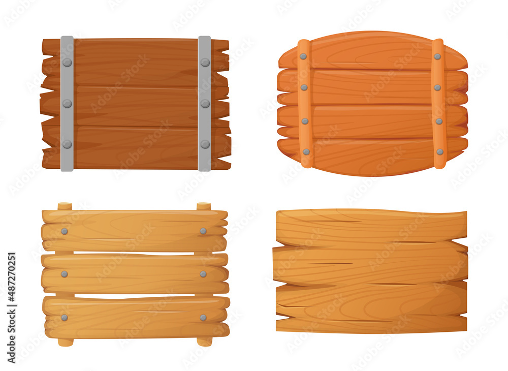 Wooden signs, signs in cartoon style. Rustic board in cartoon style. Game user interface elements. Wooden signs, signs in cartoon style. Rustic board in cartoon style. Game user interface elements.