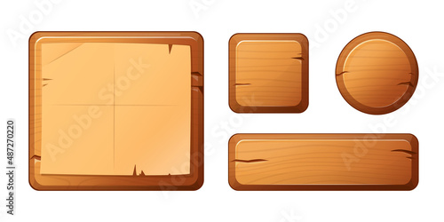Wooden board with parchment paper in cartoon style. Graphical user interface, signboard.
