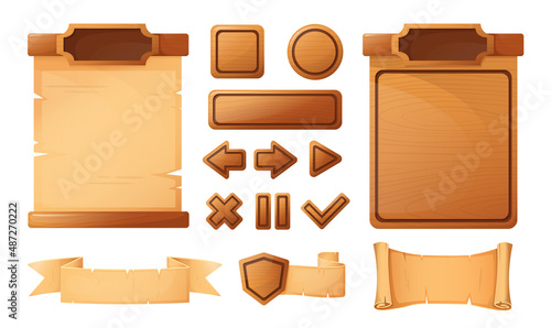 Wooden buttons for game user interface, user interface elements isolated on white background. vector cartoon illustration. 