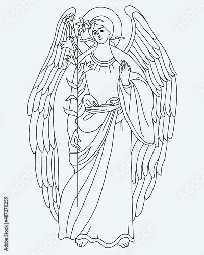 Archangel Gabriel with lily. Heavenly messenger. Vector illustration.Religious outline Hand Drawing for Catholic and Orthodox Holidays Saint Archangel Gabriels Day Angel of Revelation and Annunciation