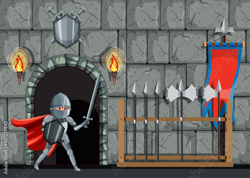 Medieval armour warrior with weapon rack