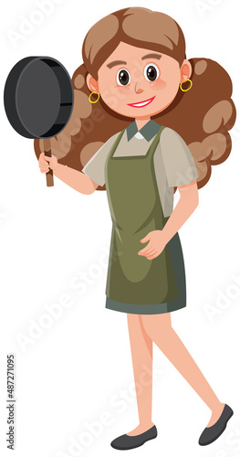 A woman holding a pan wearing apron cartoon character on white background