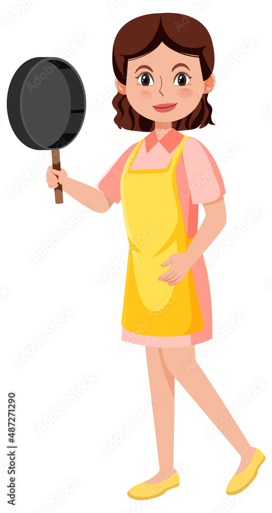 A woman holding a pan wearing apron cartoon character on white background A woman holding a pan wearing apron cartoon character on white background