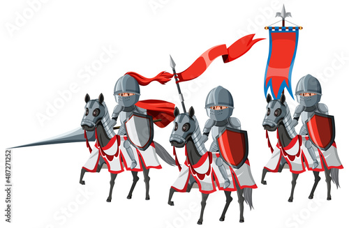 Group of medieval knights on horseback on white background