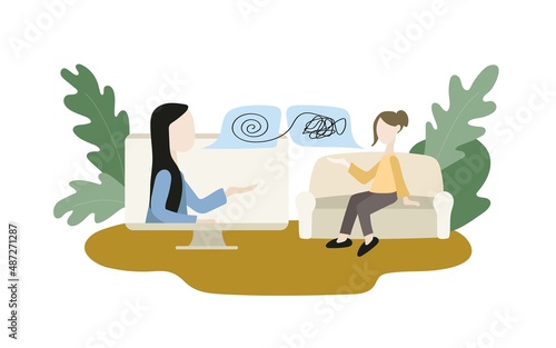 Online consultation of an adult with a psychologist. Discussion of difficulties and problems. Professional help in overcoming depression, in understanding and accepting yourself. Vector illustration