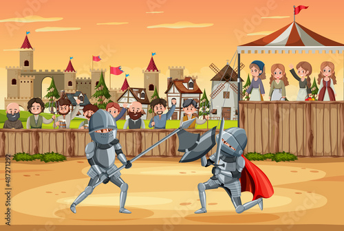 Medieval knight jousting tournament scene