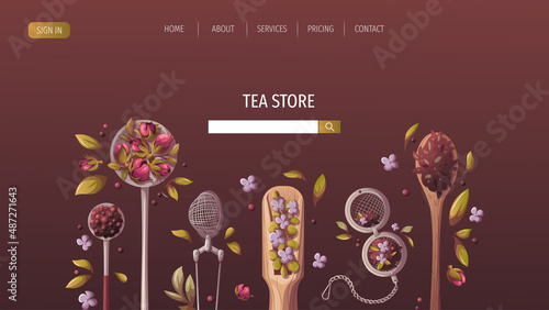 Spoons and scoop of loose tea, infuser, strainer. Tea shop, cafe-bar, tea lover, tea party, kitchen concept. Vector illustration for poster, banner, website, menu, advertising. 